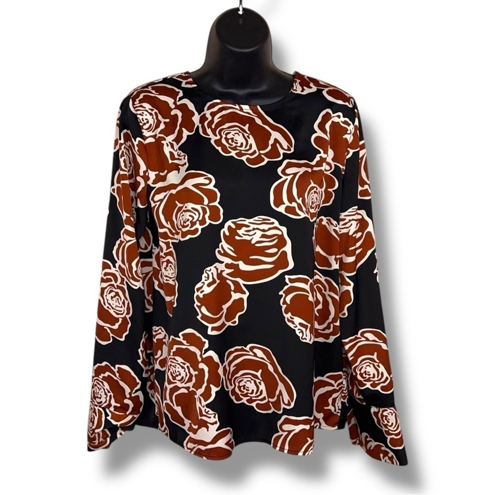 Medium Who What Wear Floral Blouse Satin Long Sleeve Black Orange White Roses